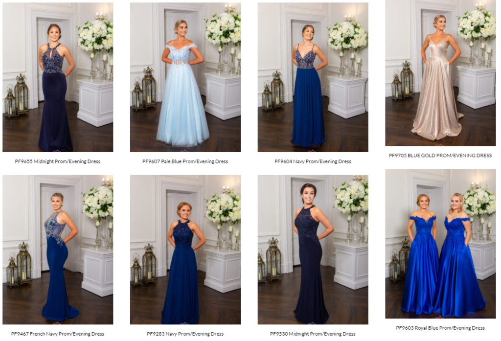 A selection of Prom Frocks from the 2022 range in various shades of Blue