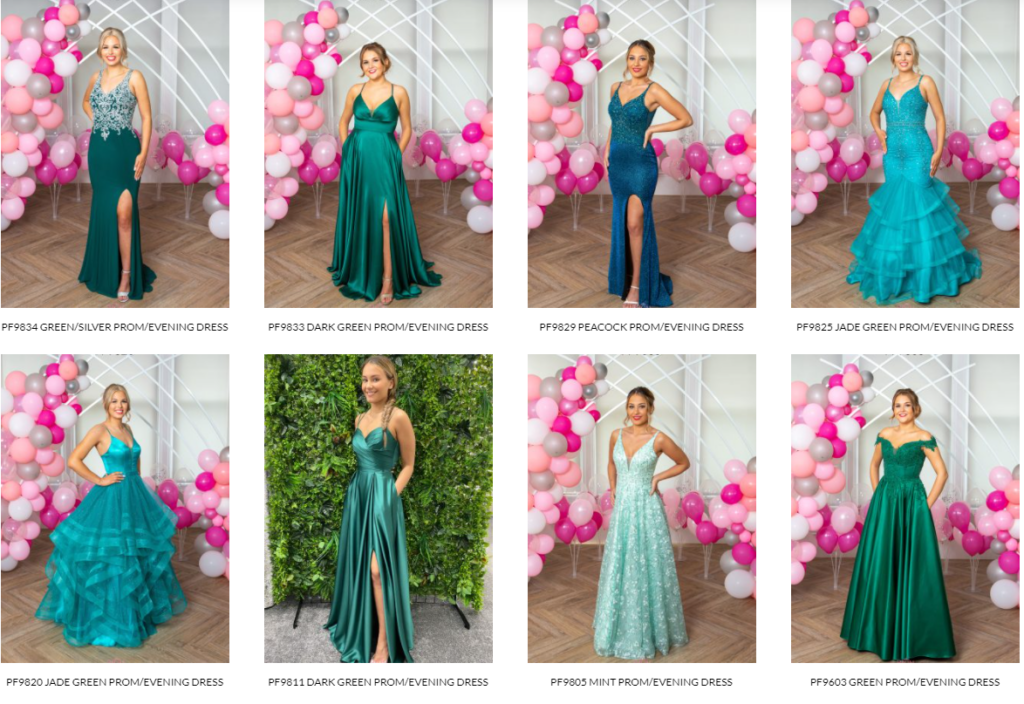 Prom Frocks in a variety of greens including Emerald, Dark Green, Aqua, Sage. Prom and Evening Gowns.